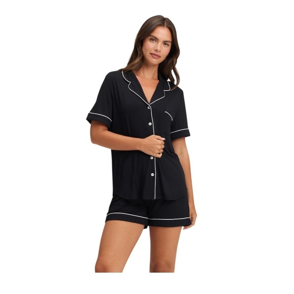 cozy earth Bamboo Stretch-Knit Short Sleeve Pajama Set Black White XXL